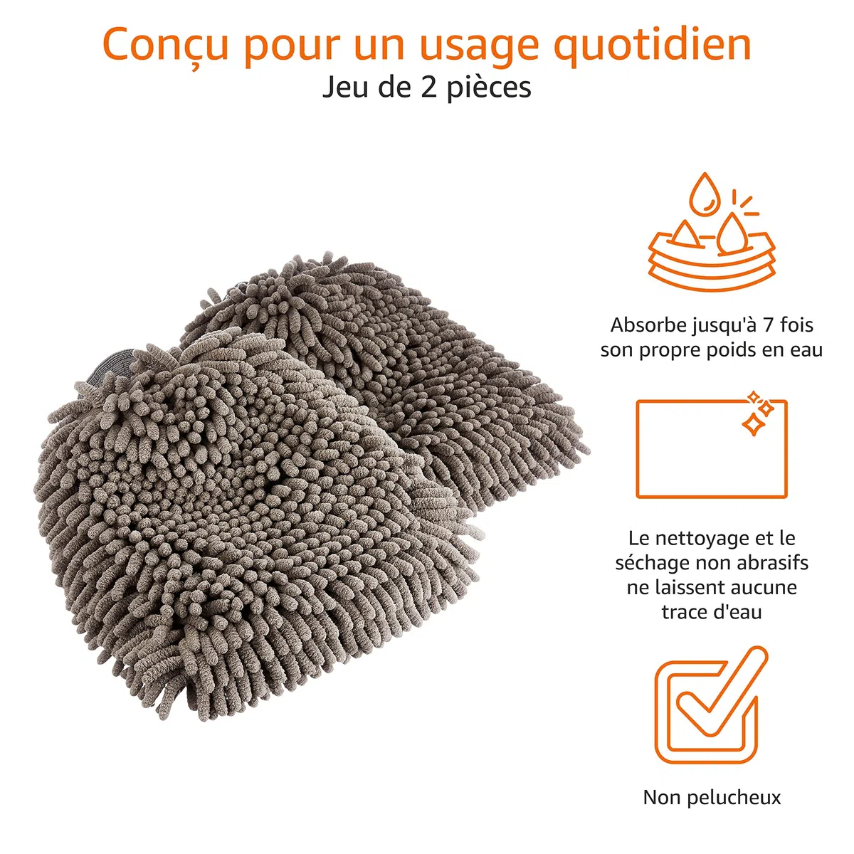 Amazon Basics Gant de lavage microfibre Chiffon de nettoyage de luxe pour la voiture, Pack de 2, Gris, 30 L x 20 W cm